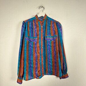 Vintage Helen Fabrikant Womens Rainbow Striped Button-Up Blouse Shirt Size 10